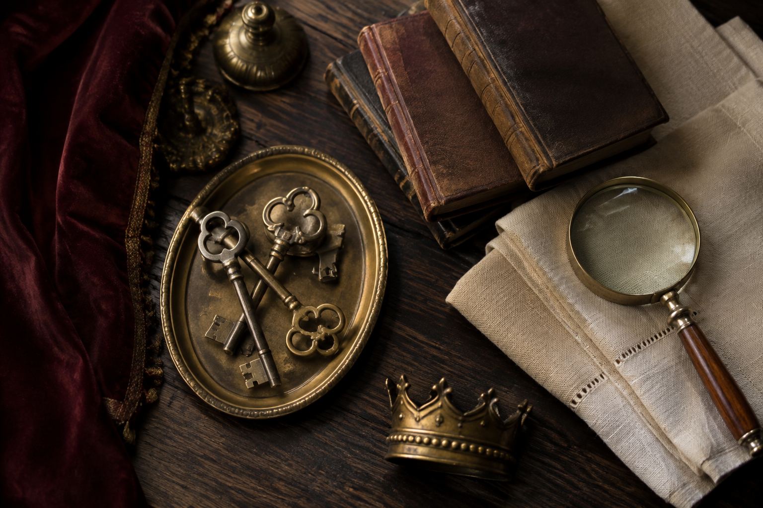 Antique keys, old books and magnifying glass on a dark wood table