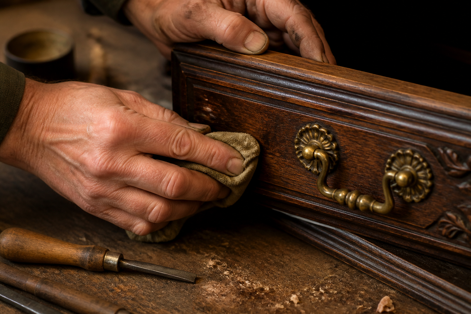 Craftsperson applying oil to an antique wooden drawer
