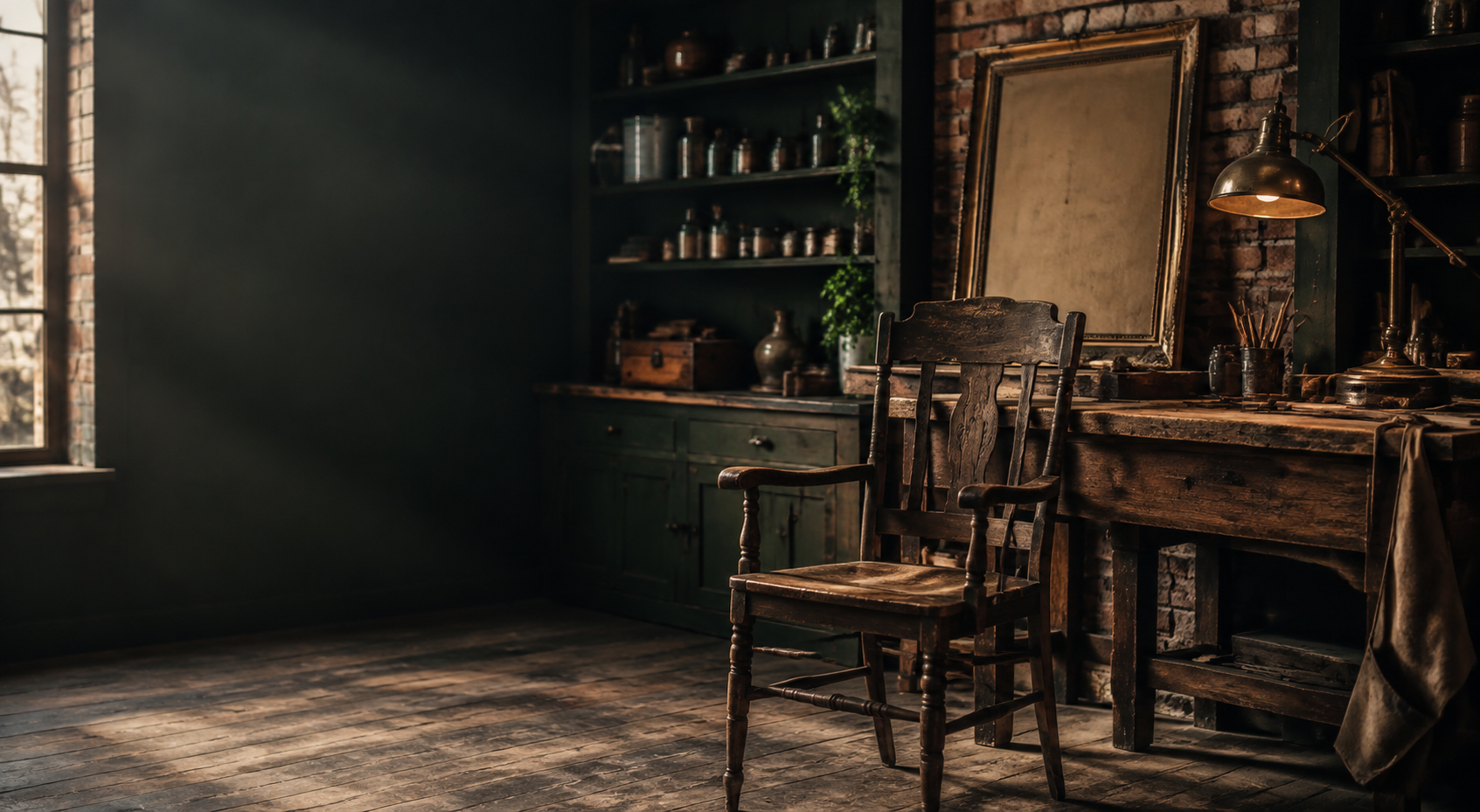 Atmospheric workshop with antique oak chair and wood workbench